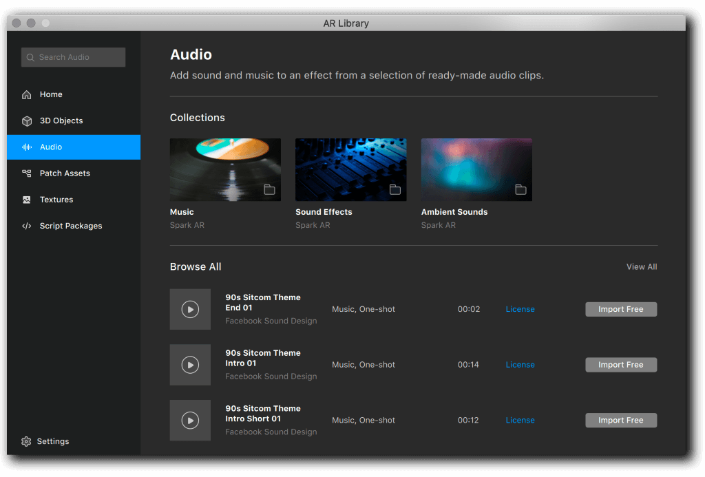 Studio Add Audio Library Spark AR Studio